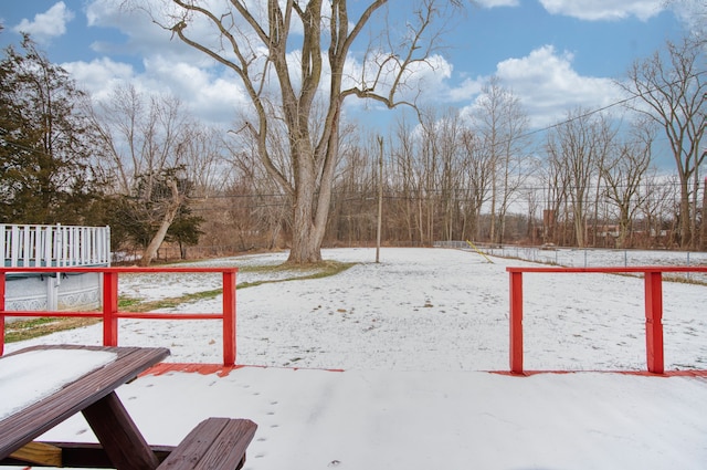 view of yard layered in snow