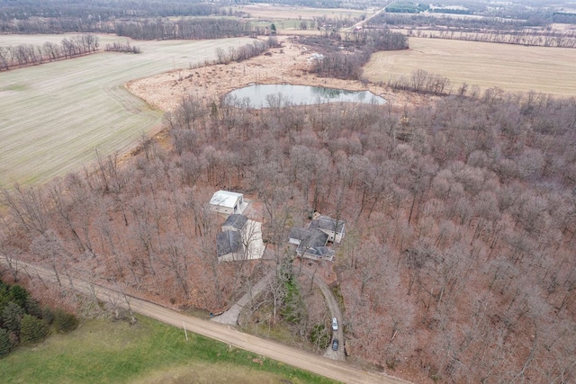 aerial view featuring a water view and a rural view