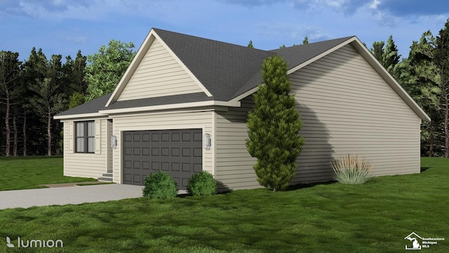 view of home's exterior featuring a yard, a garage, and driveway