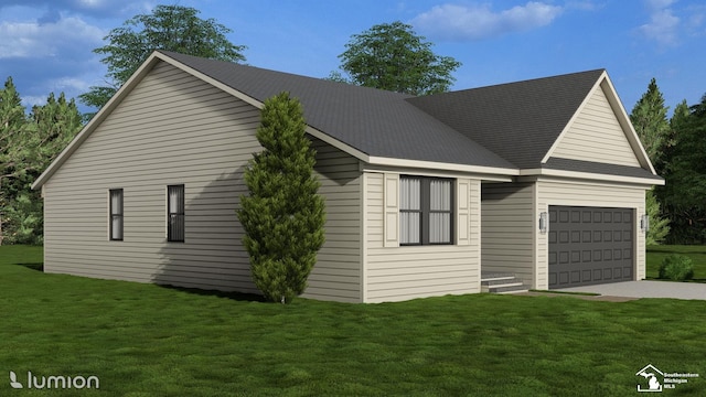 view of side of home with an attached garage, a yard, and driveway