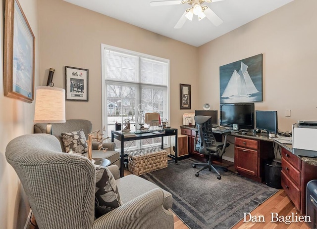 office space featuring light hardwood / wood-style flooring and ceiling fan