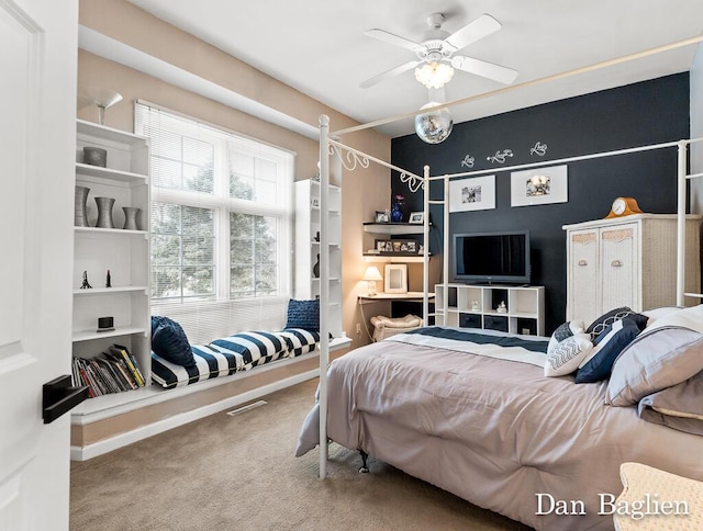 bedroom featuring carpet floors and ceiling fan