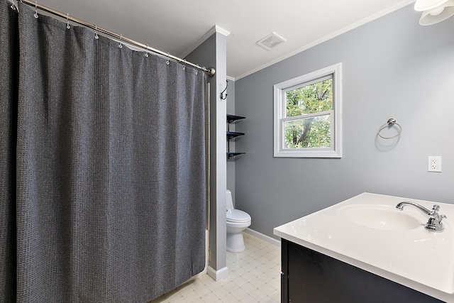 bathroom featuring ornamental molding, curtained shower, vanity, and toilet