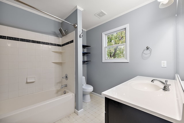 full bathroom featuring ornamental molding, vanity, toilet, and shower / bathing tub combination