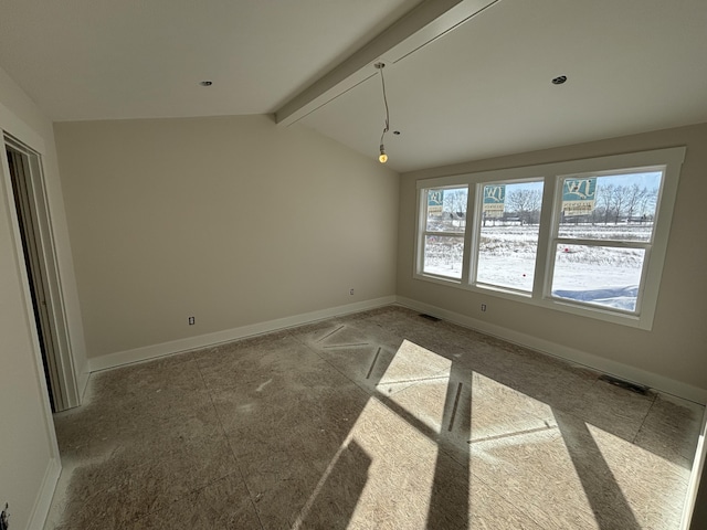 unfurnished dining area featuring vaulted ceiling with beams