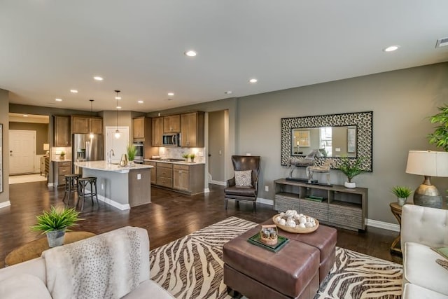 living room with sink and dark hardwood / wood-style floors