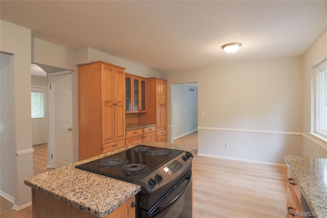 6868 Vachon Dr, Bloomfield Hills, MI 48301 - kitchen with electric range, light stone counters, glass insert cabinets, baseboards, and light wood-type flooring