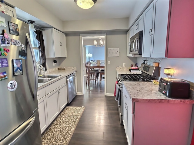 kitchen with white cabinetry, sink, dark hardwood / wood-style floors, and appliances with stainless steel finishes