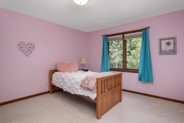 bedroom with light colored carpet