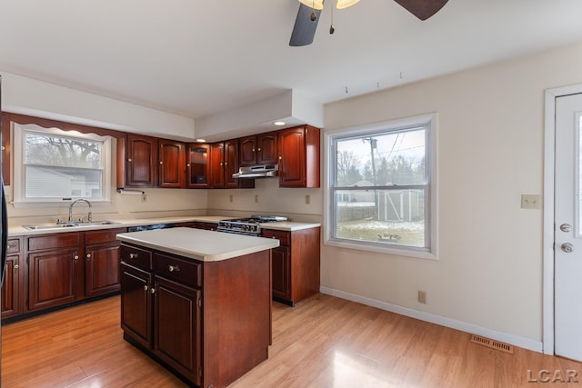 kitchen featuring sink, ceiling fan, a center island, stainless steel range with gas stovetop, and light hardwood / wood-style floors