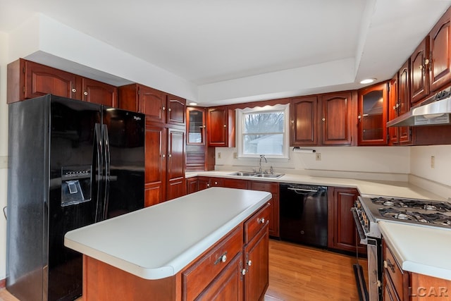 kitchen featuring a center island, sink, light wood-type flooring, and black appliances