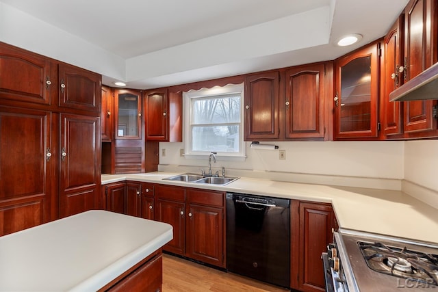 kitchen with gas stove, black dishwasher, sink, and light hardwood / wood-style floors