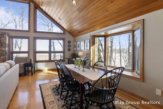 dining room featuring wood ceiling, light wood-type flooring, and a wealth of natural light