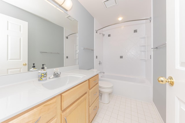 full bathroom featuring vanity, toilet, tub / shower combination, and tile patterned flooring