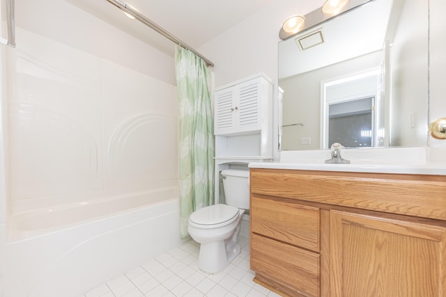 full bathroom with shower / bathtub combination with curtain, vanity, tile patterned flooring, and toilet