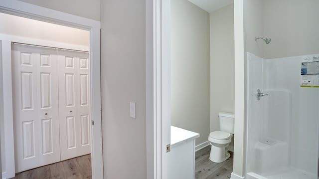 bathroom with wood-type flooring, toilet, vanity, and walk in shower