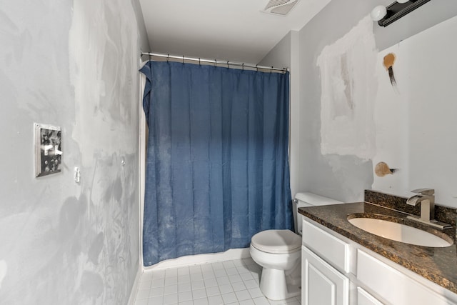 bathroom with tile patterned floors, toilet, a shower with shower curtain, and vanity