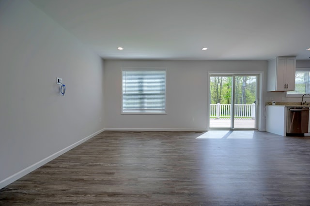 unfurnished living room with sink and dark hardwood / wood-style floors