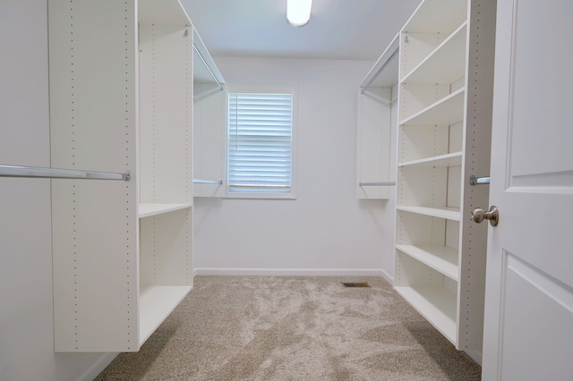 walk in closet featuring light carpet