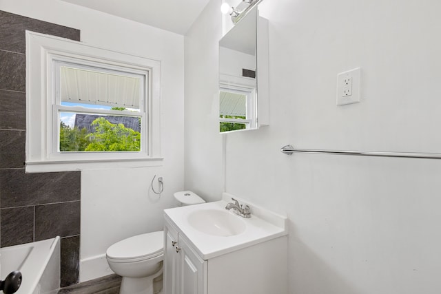 bathroom with vanity, a washtub, and toilet