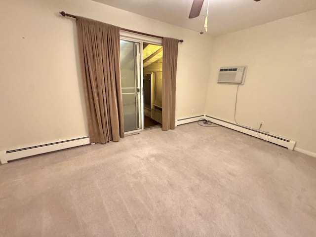 carpeted empty room with a baseboard heating unit, a wall mounted air conditioner, and ceiling fan