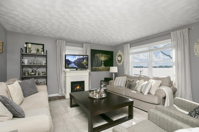 living room with light hardwood / wood-style flooring and a textured ceiling