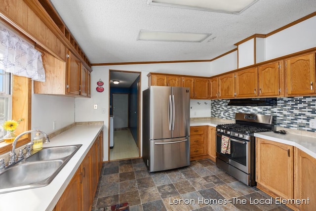 kitchen with lofted ceiling, sink, backsplash, stainless steel appliances, and a textured ceiling