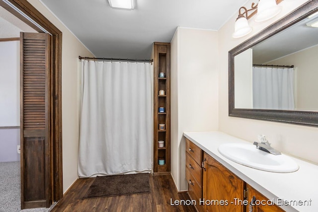 bathroom featuring vanity and wood-type flooring