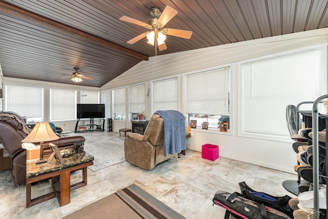 living room with ceiling fan, lofted ceiling, and wood ceiling