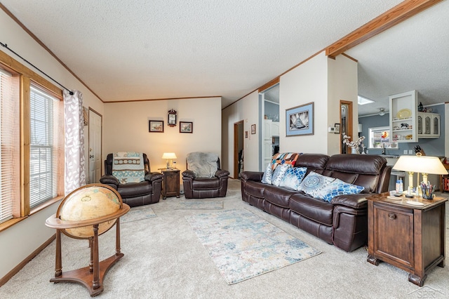 carpeted living room with lofted ceiling, crown molding, and a textured ceiling