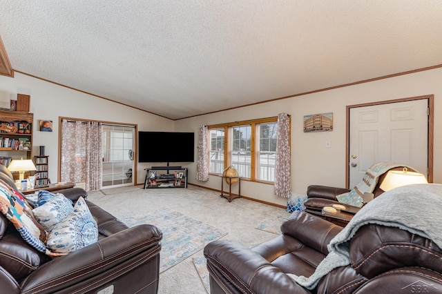 carpeted living room featuring crown molding, lofted ceiling, and a textured ceiling