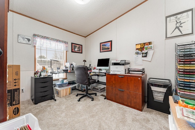 office area featuring light carpet, crown molding, vaulted ceiling, and a textured ceiling