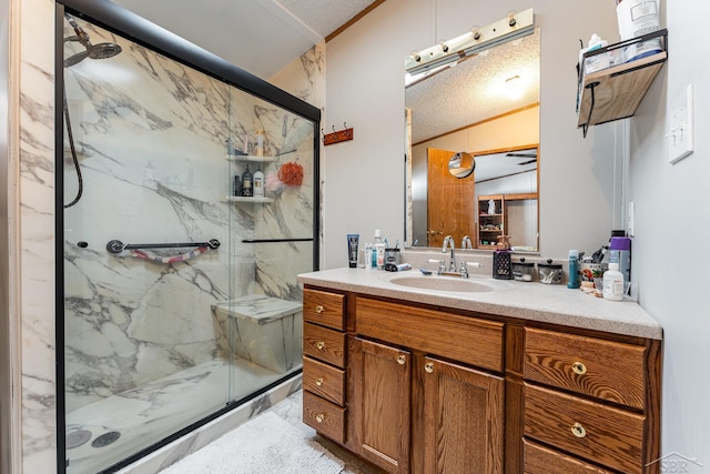 bathroom featuring vanity and walk in shower