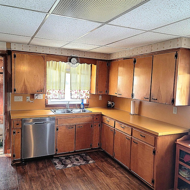 kitchen featuring a paneled ceiling, sink, stainless steel dishwasher, and dark wood-type flooring