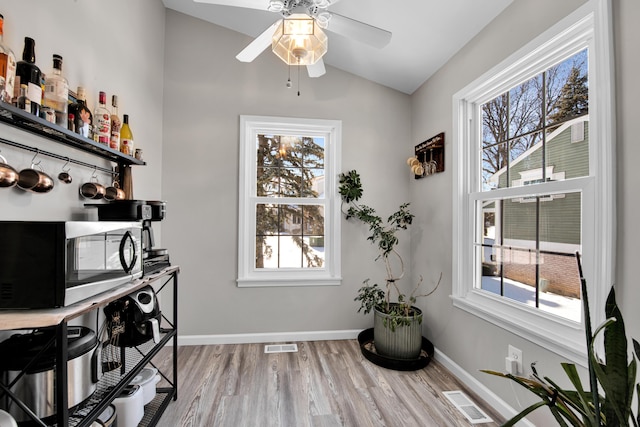 home office with vaulted ceiling, light hardwood / wood-style floors, and plenty of natural light