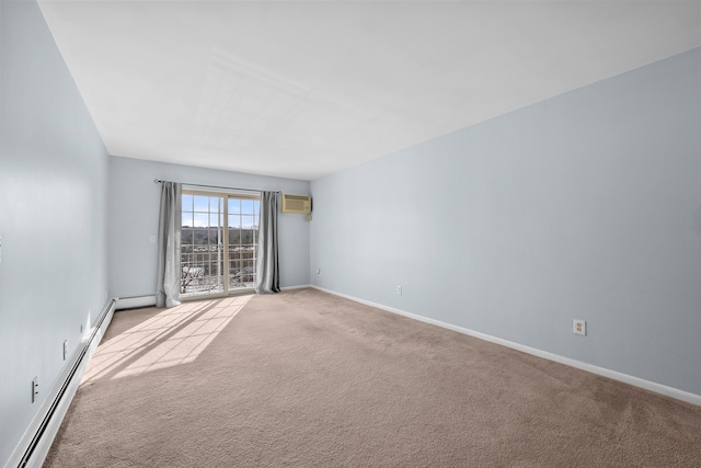 carpeted empty room with a wall unit AC and baseboard heating