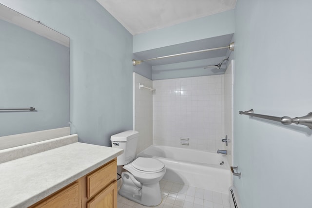 full bathroom featuring a baseboard radiator, vanity,  shower combination, toilet, and tile patterned floors