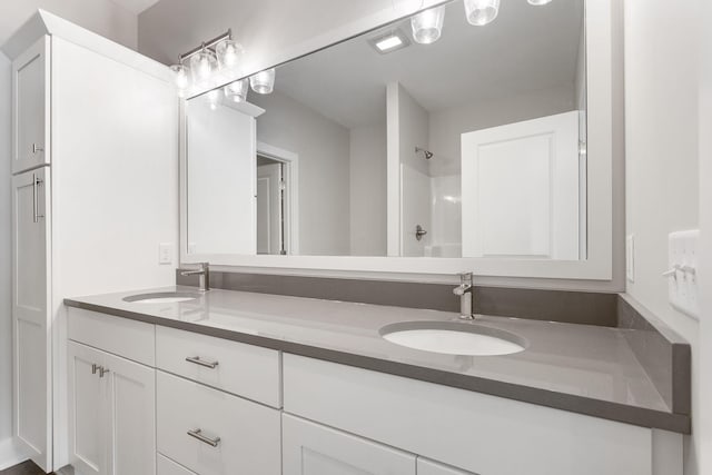 bathroom with a shower and vanity