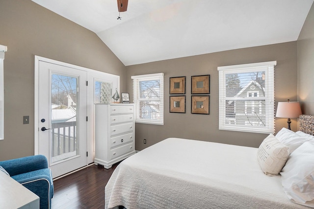 bedroom featuring lofted ceiling, access to exterior, dark wood-type flooring, and ceiling fan