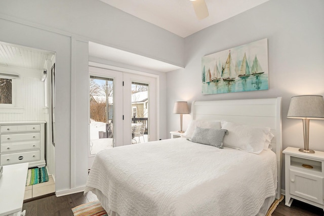 bedroom featuring dark hardwood / wood-style flooring, access to exterior, and ceiling fan