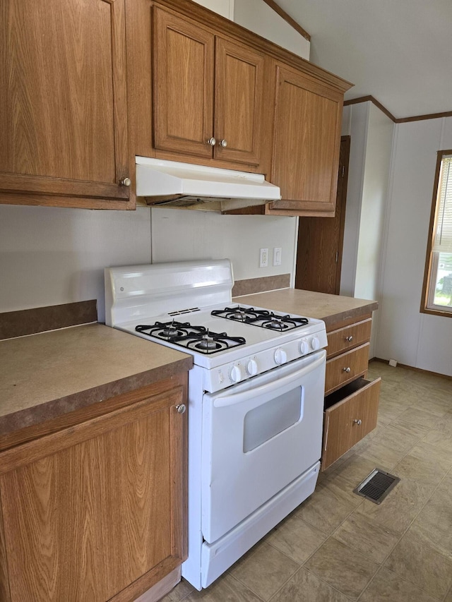 kitchen with crown molding and white range with gas cooktop