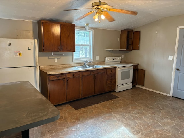 kitchen with ceiling fan, lofted ceiling, sink, and white appliances