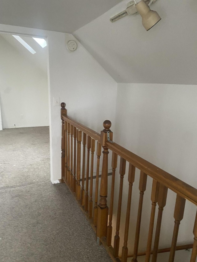 staircase featuring lofted ceiling with skylight and carpet