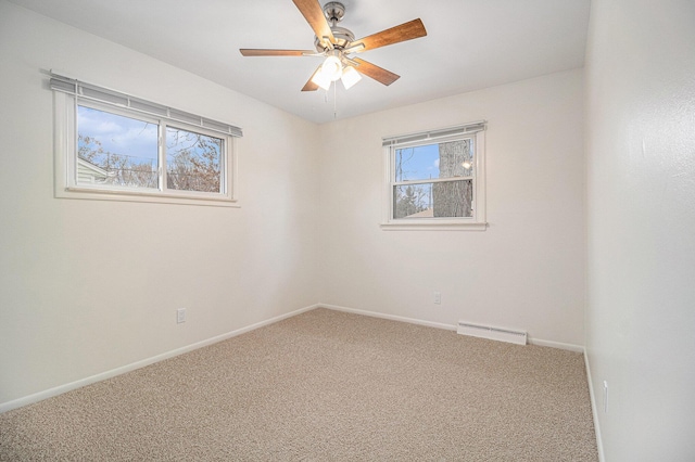 unfurnished room featuring ceiling fan, a healthy amount of sunlight, and carpet flooring