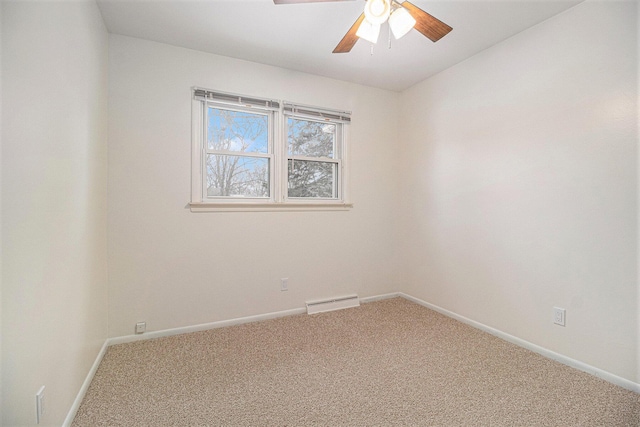 unfurnished room featuring ceiling fan and carpet flooring