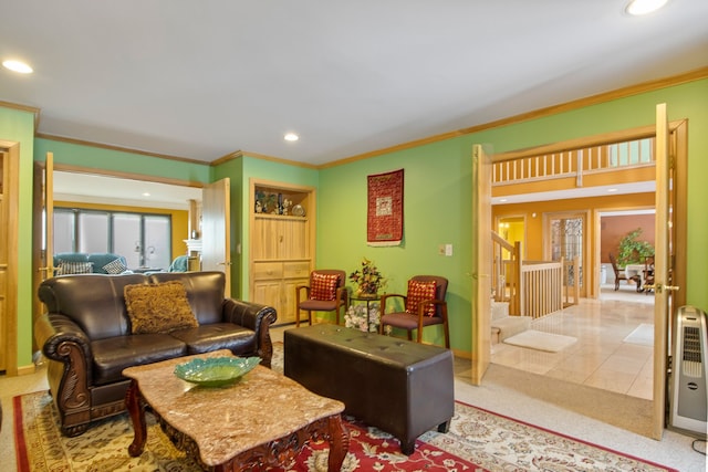 living room featuring ornamental molding, tile patterned flooring, and heating unit