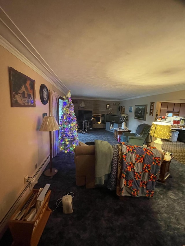 living room with ornamental molding and dark carpet