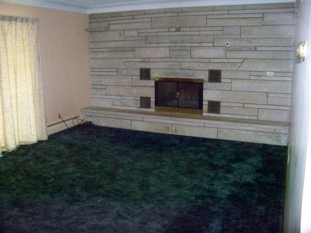 interior space featuring ornamental molding, a fireplace, carpet floors, and baseboard heating