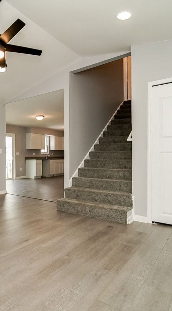 staircase with lofted ceiling, hardwood / wood-style floors, and ceiling fan