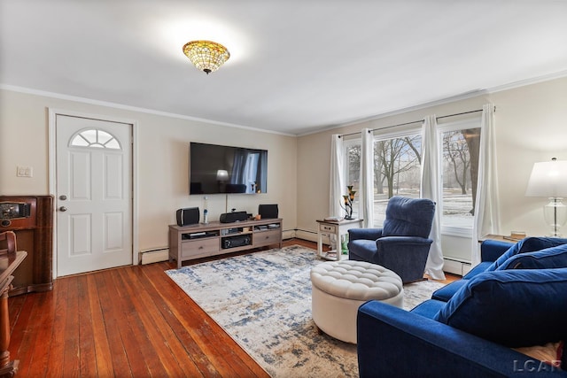 living room with a baseboard heating unit, ornamental molding, and dark hardwood / wood-style floors